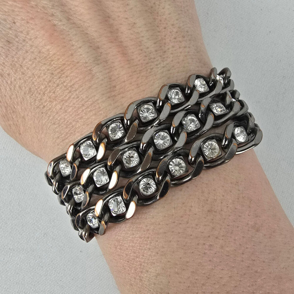 Dyrberg Kern Black Metallic Rhinestone Chain Link Bracelet